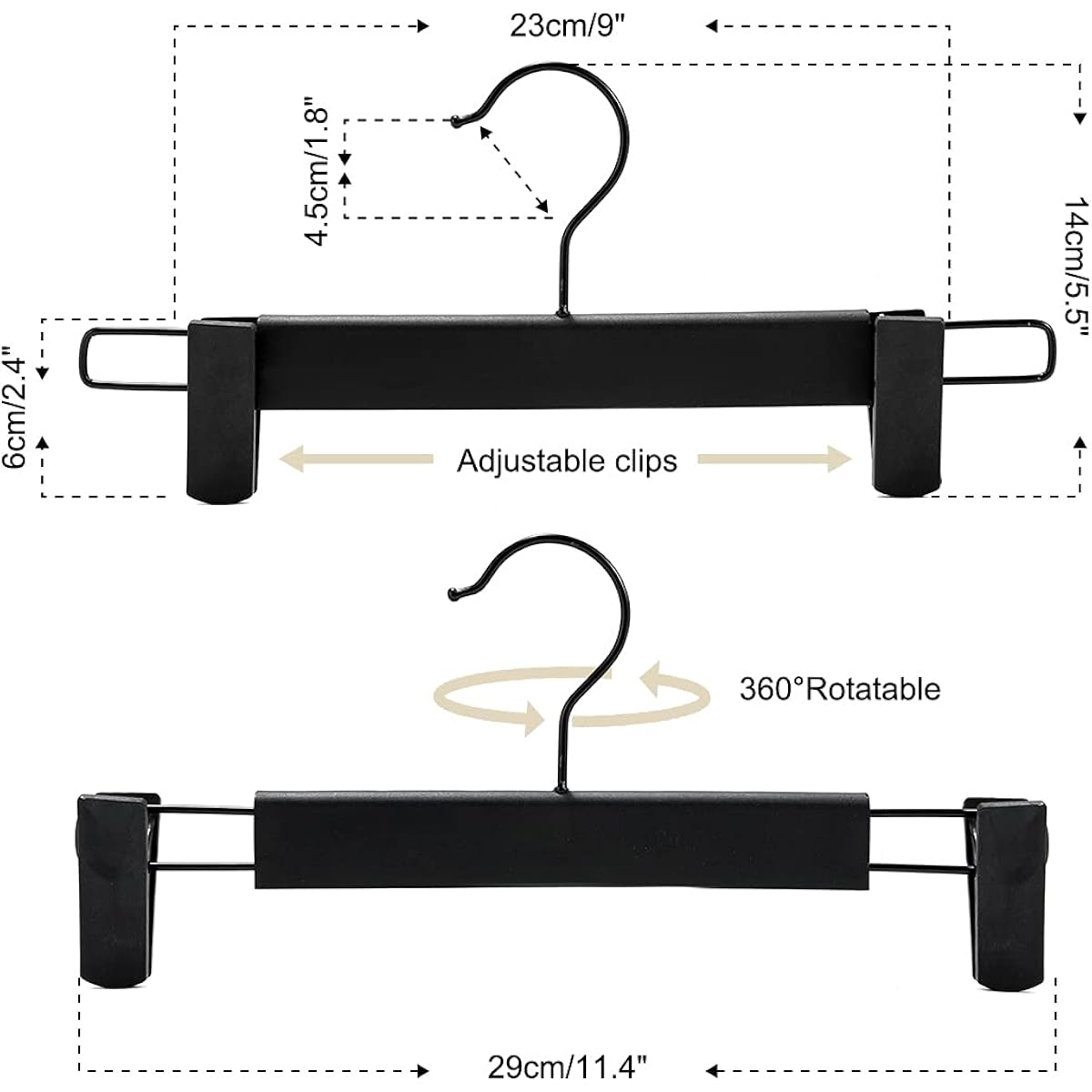 Guanjune 10 Pack Clothes Pants Hangers, Space-Saving Skirt Holders With 360 ° Swivel Hooks, Adjustable Clips, Trouser Coat Garment Jeans Black