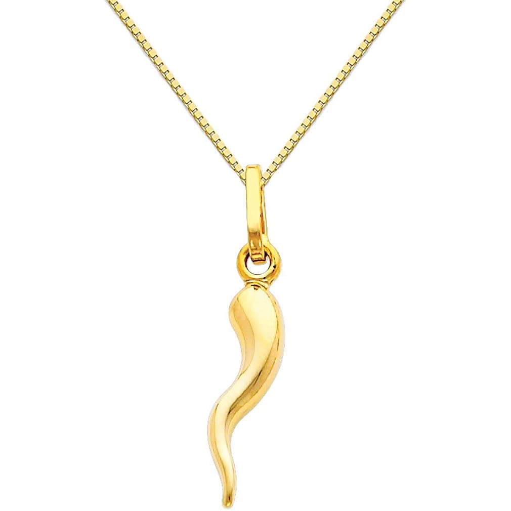 The World Jewelry Center 14k Yellow Gold Cornicello Italian Horn Pendant with 0.65mm Box Link Chain Necklace