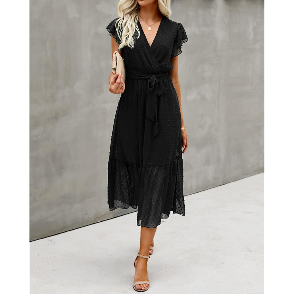 Btfbm Women Summer Bohemian Floral Casual Wrap V Neck Ruffle Cap Sleeveless Belt A-Line Pleated Hem Midi Sun Dress White