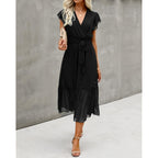 Btfbm Women Summer Bohemian Floral Casual Wrap V Neck Ruffle Cap Sleeveless Belt A-Line Pleated Hem Midi Sun Dress White