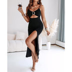 Women Bodycon Dress High Slit Cut-Out Midi Dress Metal Ring Decor V-Neck Spaghetti Straps Cocktail Party Dress