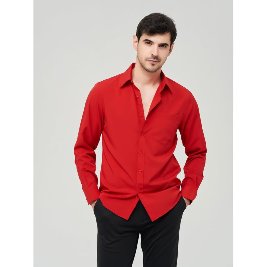 Corfty Men Long Sleeve Dress Shirt - Regular Fit Stretch Free-Wrinkle Casual Button Down Shirt