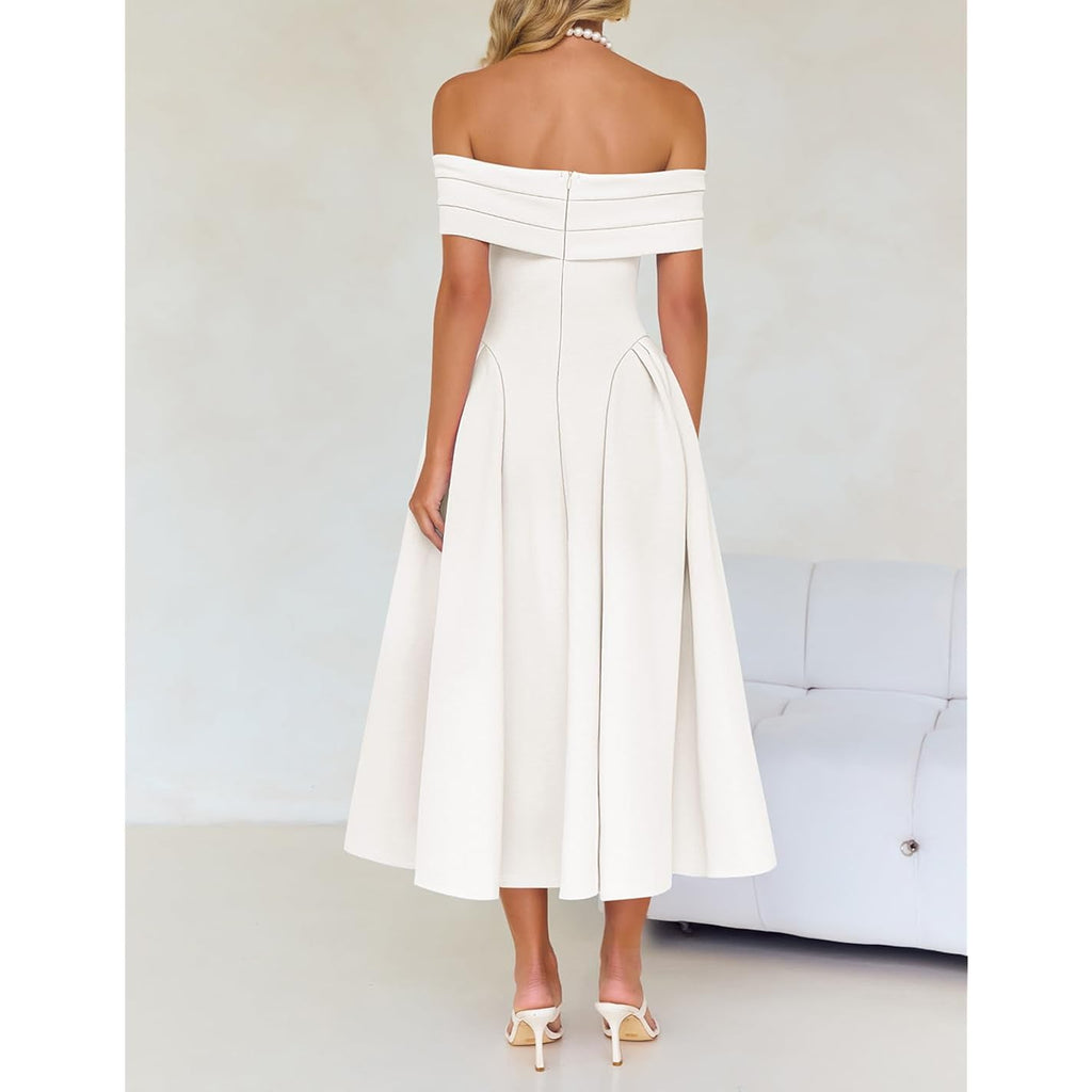 Zesica Summer 2026 Cocktail Dresses For Women'S Off Shoulder Short Sleeve Swing A Line Wedding Evening Party Midi Dress