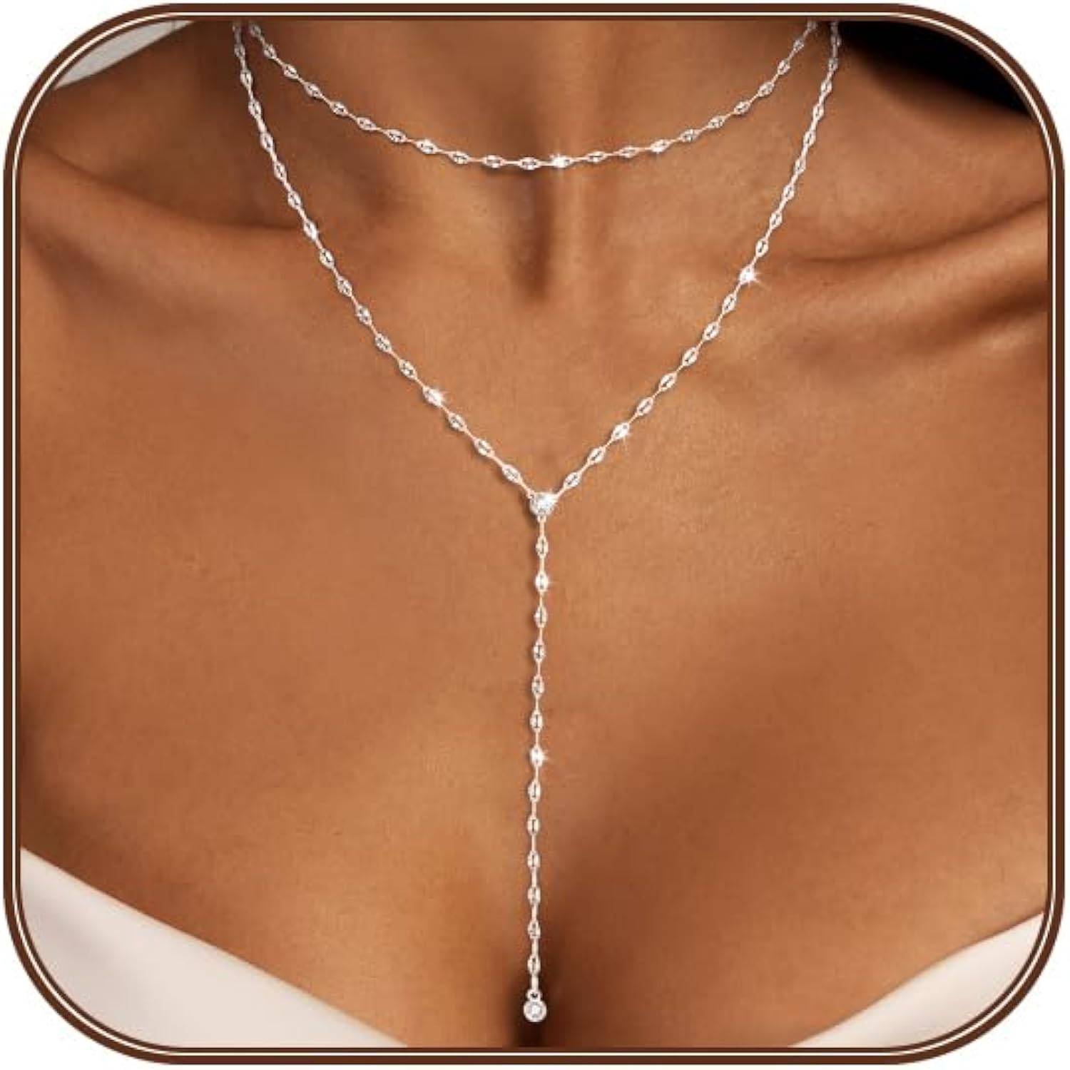 Airmb Lariat Silver/Gold Necklace for Women 925 Silver/14K Gold Plated Dainty Long Necklace Y-Shaped Drop Pendant Necklaces Choker Trendy Chain Simple Layered Necklaces CZ Jewelry for Women Set Gift