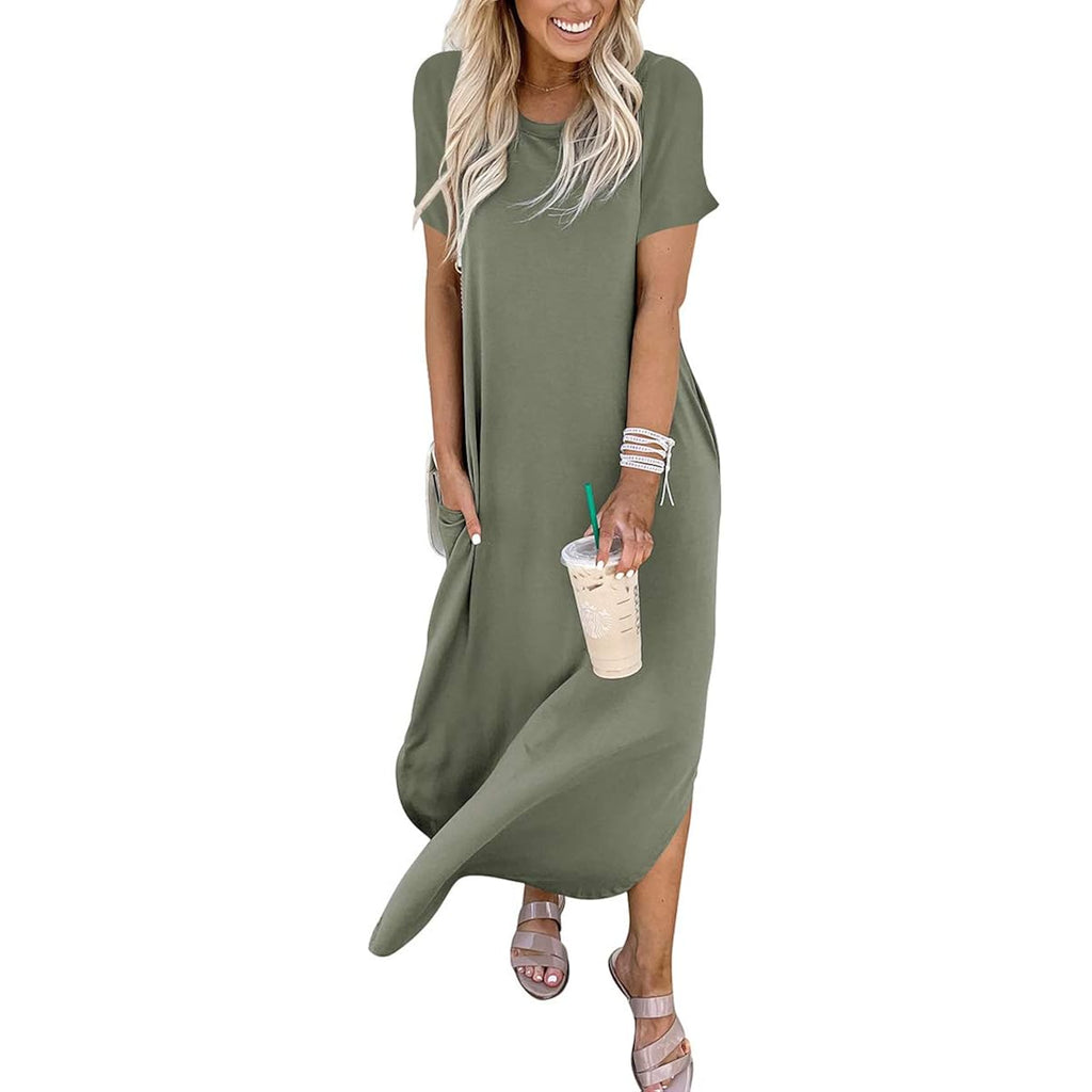 Anrabess Womens Summer Maxi Dress Short Sleeve Casual Loose Long T Shirt Dresses Split Vacation Beach Sundress Travel Outfits