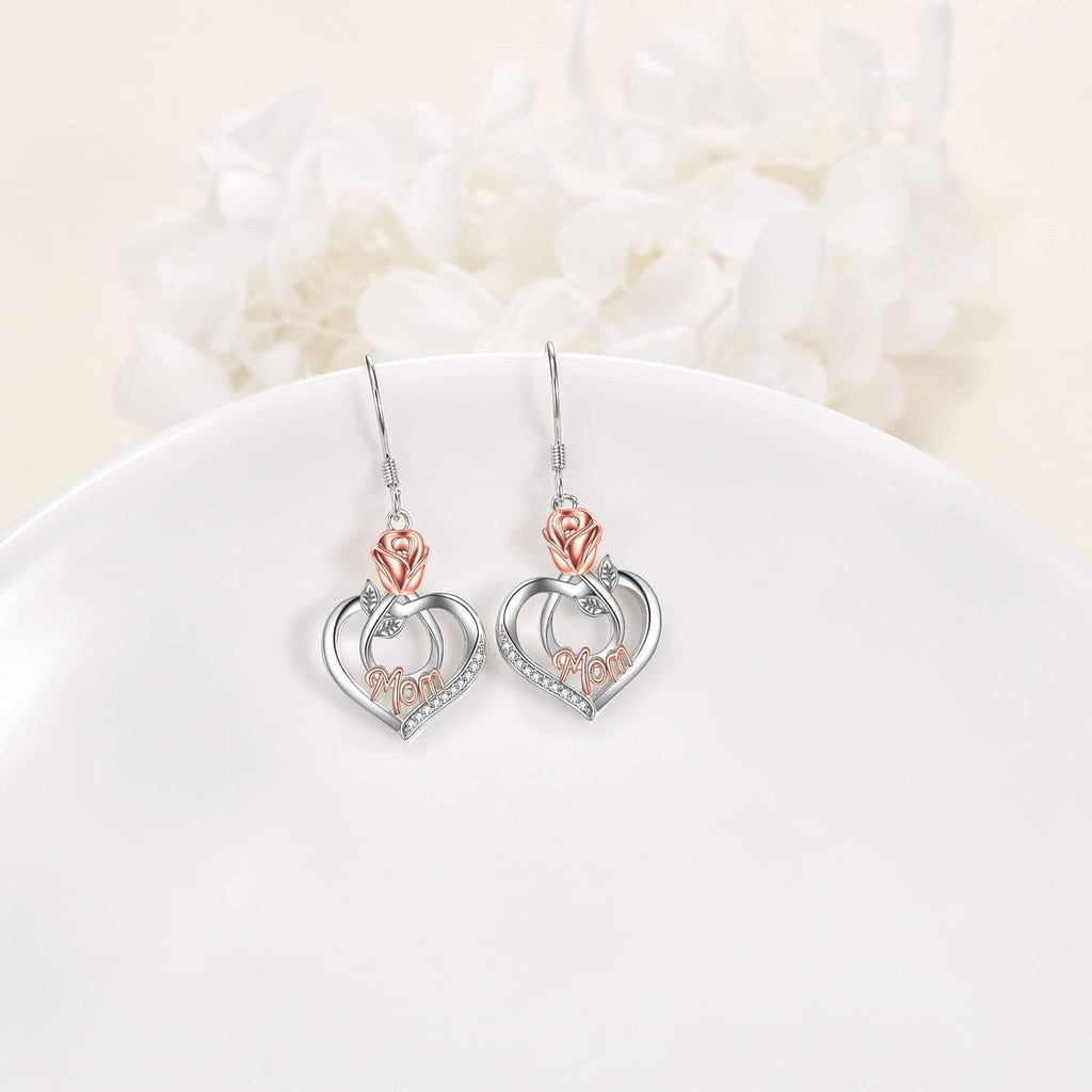 Mothers Day Gifts for Mom Mom Earrings with Rose Flower Love Heart 925 Sterling Silver Crystal Dangle Drop Hook Earrings Jewelry