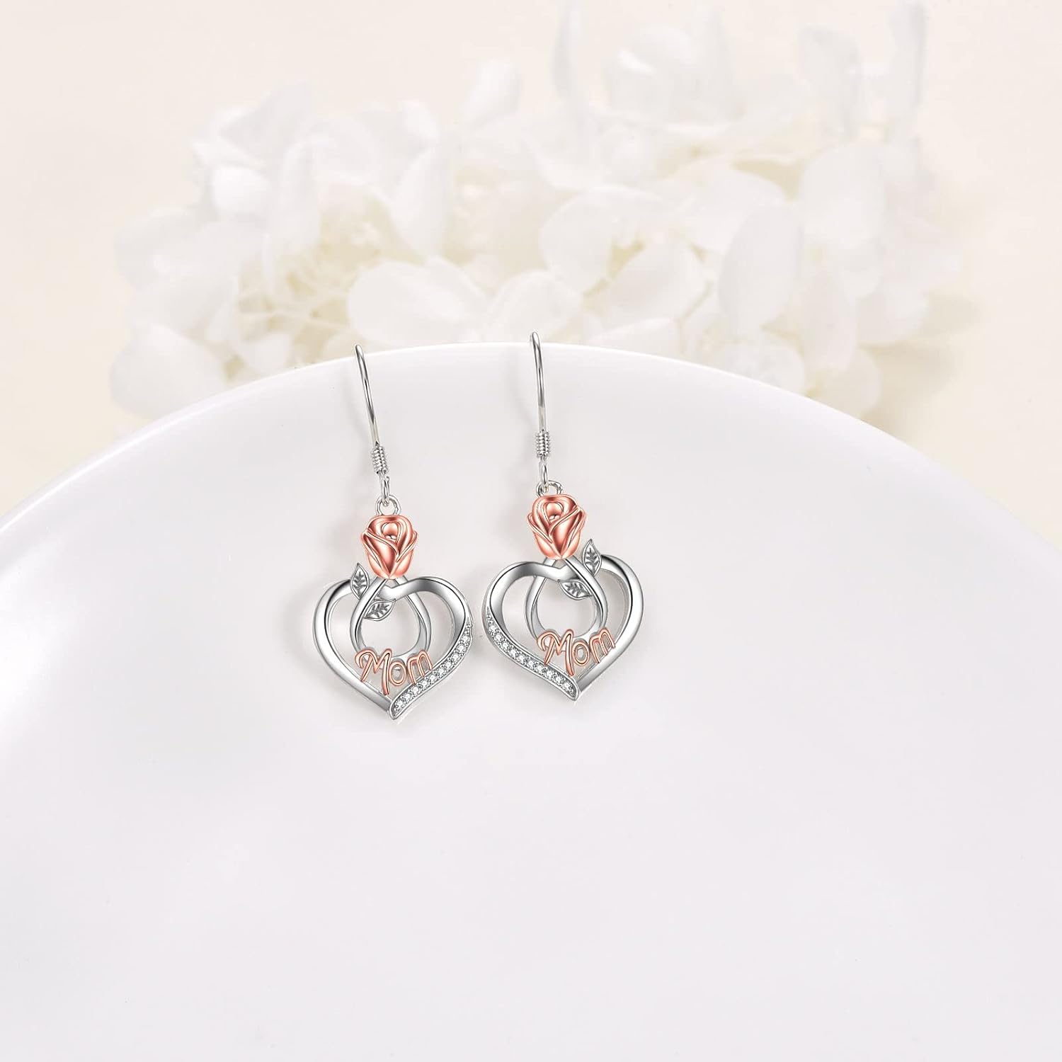 Mothers Day Gifts for Mom Mom Earrings with Rose Flower Love Heart 925 Sterling Silver Crystal Dangle Drop Hook Earrings Jewelry