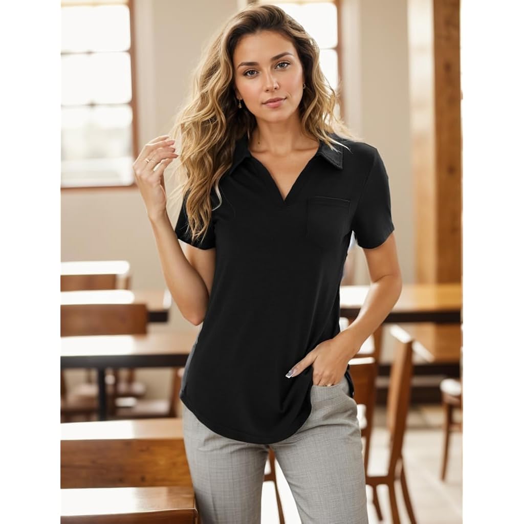 Women's Polo Shirts Collared Work Tops Short Sleeve Business Casual Dressy Blouses Summer Tops with Pocket