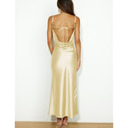 Summer Satin Spaghetti Strap Cowl Neck Backless Midi Dresses For Women Elegant Tie Low Back Ruched Cocktail Dress