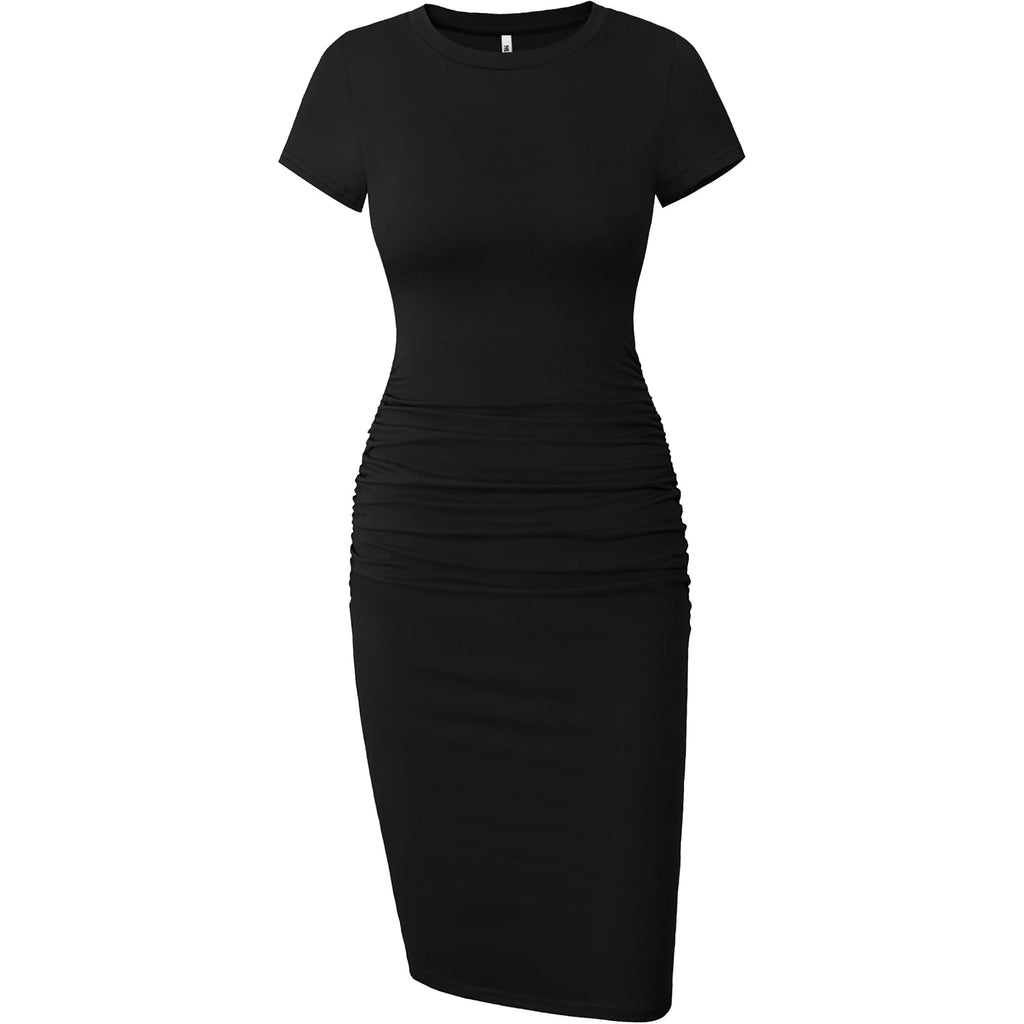 Missufe Women'S Short Sleeve Ruched Casual Sundress Midi Bodycon T Shirt Dress