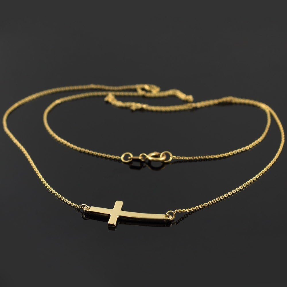 14K White or Yellow Gold Sideways Curved Cross Necklace - Choice of Metal Color and Necklace Length