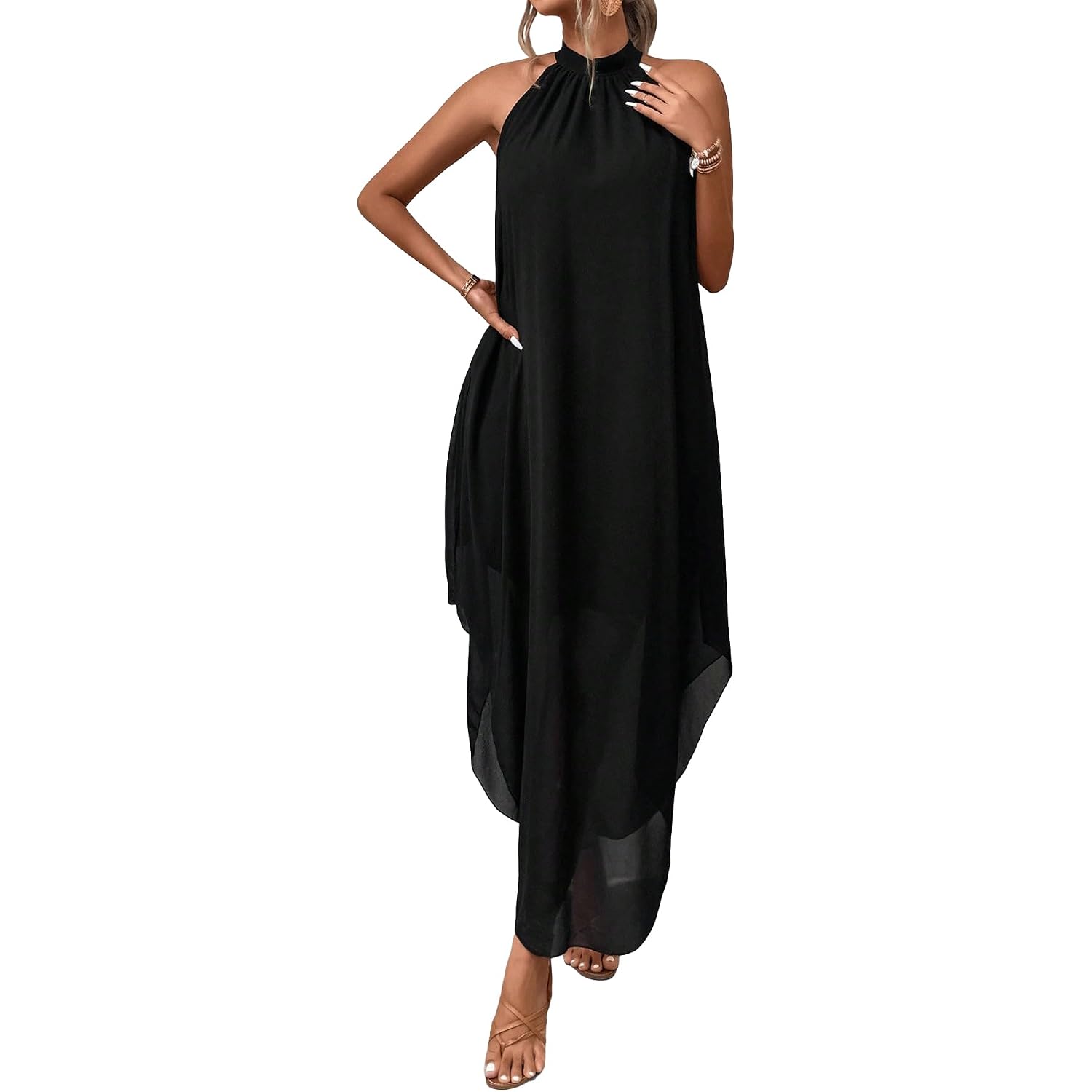 Verdusa Women'S Wedding Guest Dress Halter Flowy Chiffon Asymmetrical Long Summer Prom Dress