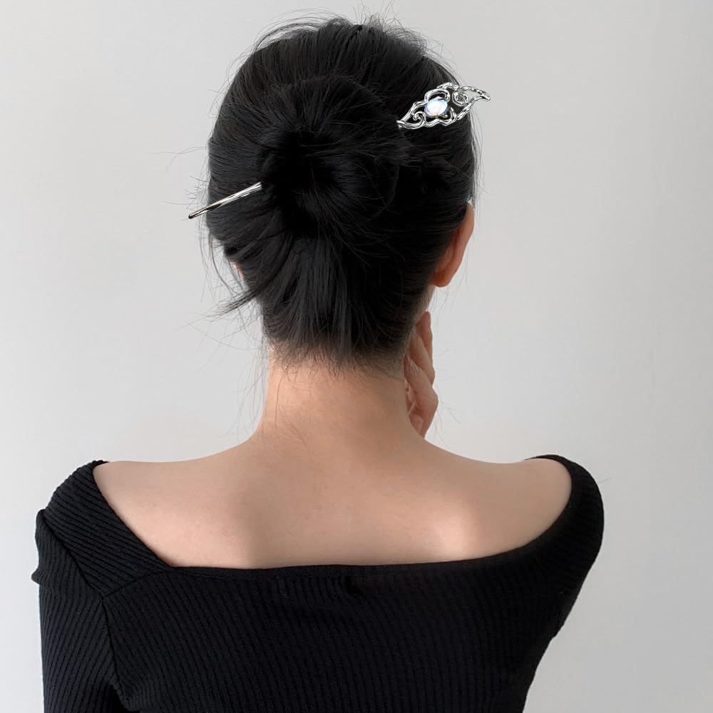 6Pcs Star Moon Hair Sticks For Buns Long Hair Chinese Hanfu Asian Vintage Hair Chopsticks Metal Silver Hair Bun Updo Holders Long Hairpins For Women Girls