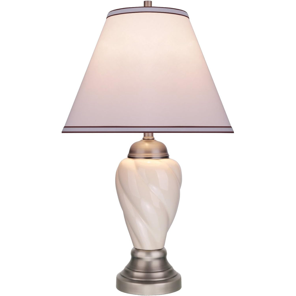 Aspen Creative 40093-1 26" High Traditional Ceramic Table Ivory With Pewter Finish Base And Hardback Empire Shaped Lamp Shade In Off White, 15" Wide