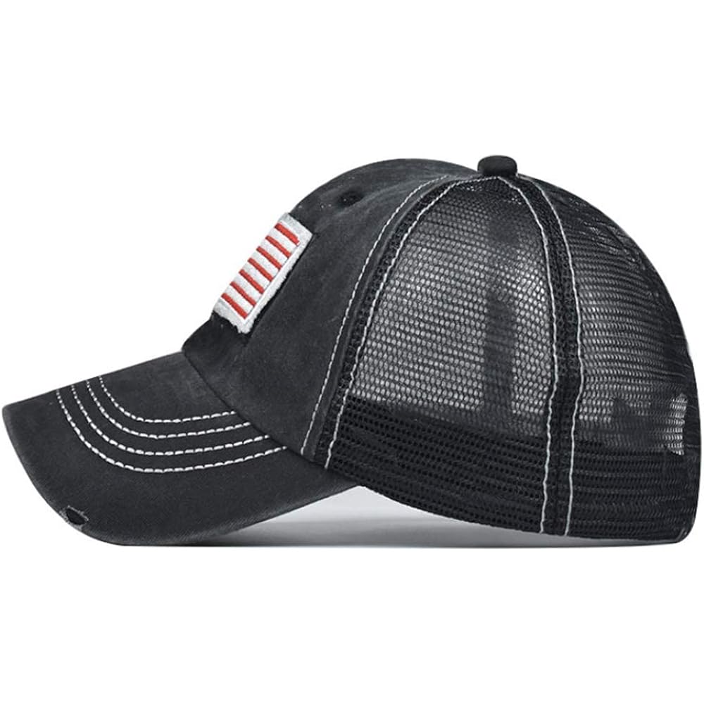 IZUS Women's American-Flag Baseball-Caps Distressed-Brim Washed-Cotton High-Ponytail Mesh-Back Dad-Trucker-Hat Black (54-60cm)