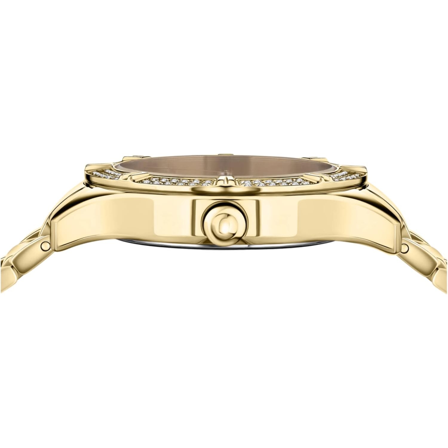 Versus Versace Canton Road Crystal Women'S Watch, 36Mm Ip Yellow Gold Case, Red Enamel Dial, Gold Tone Bracelet, Quartz Movement, Crystal Bezel, 3 Atm Water Resistant