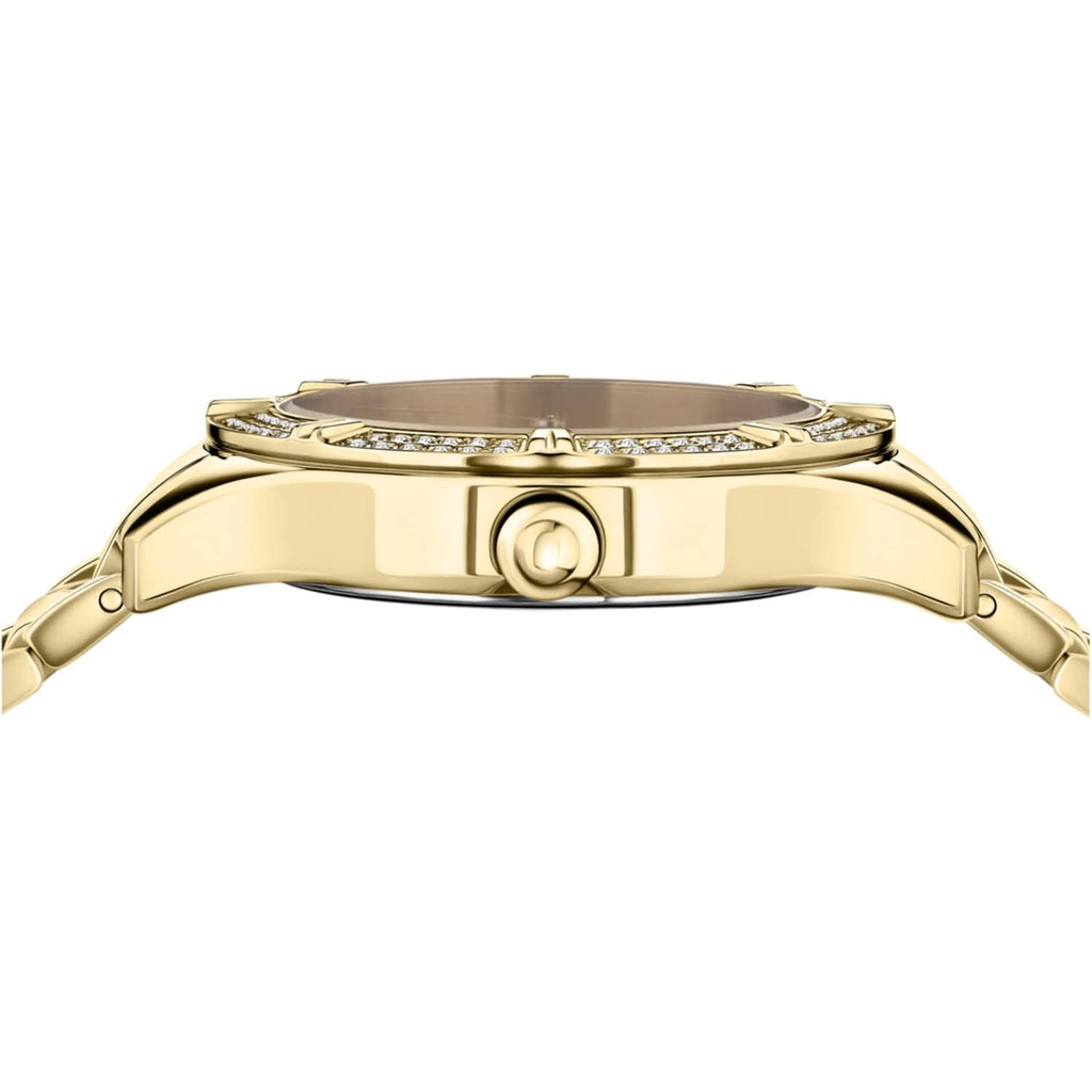 Versus Versace Canton Road Crystal Women'S Watch, 36Mm Ip Yellow Gold Case, Red Enamel Dial, Gold Tone Bracelet, Quartz Movement, Crystal Bezel, 3 Atm Water Resistant