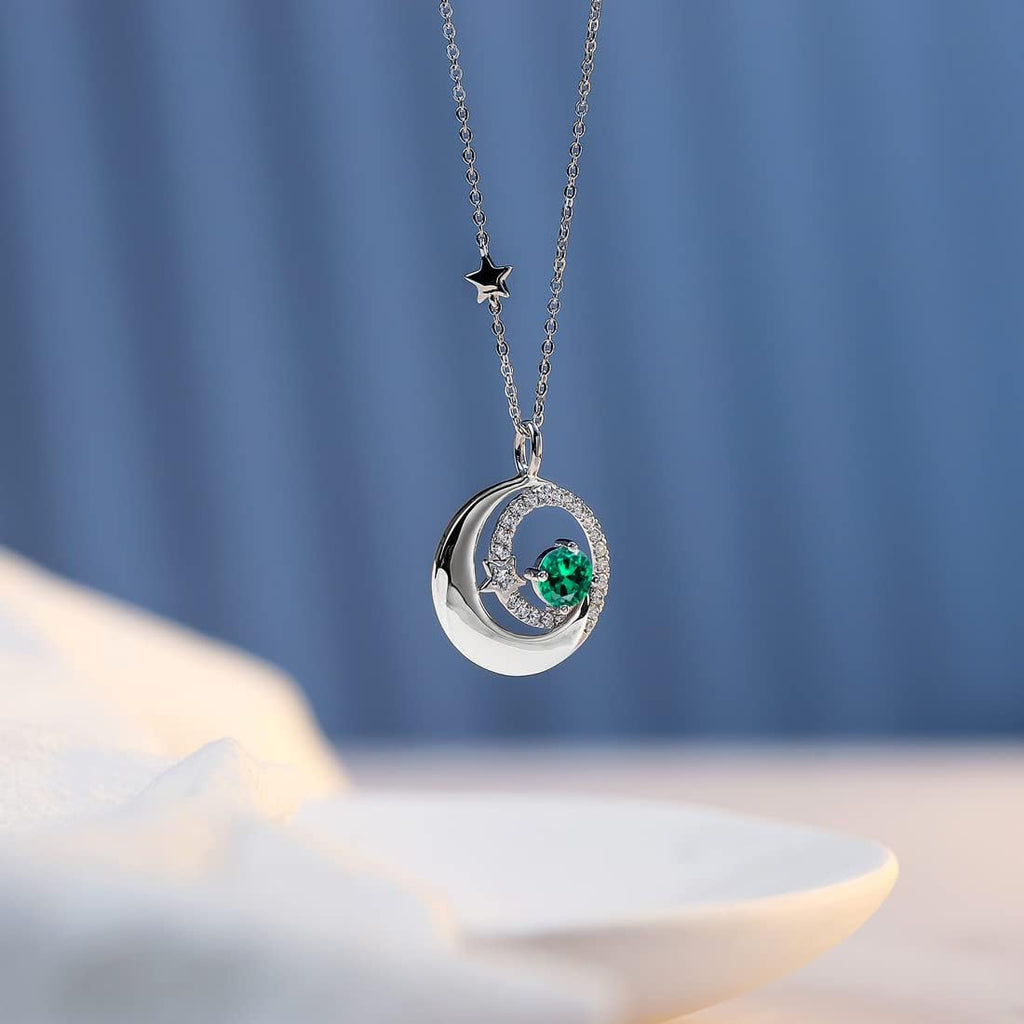 FANCIME Birthstone Necklaces 925 Sterling Silver Moon and Star Pendant Fine Jewelry Birthday Mothers Day Gifts for Mom Wife Her Daughter, Adjustable Chain 16+2"