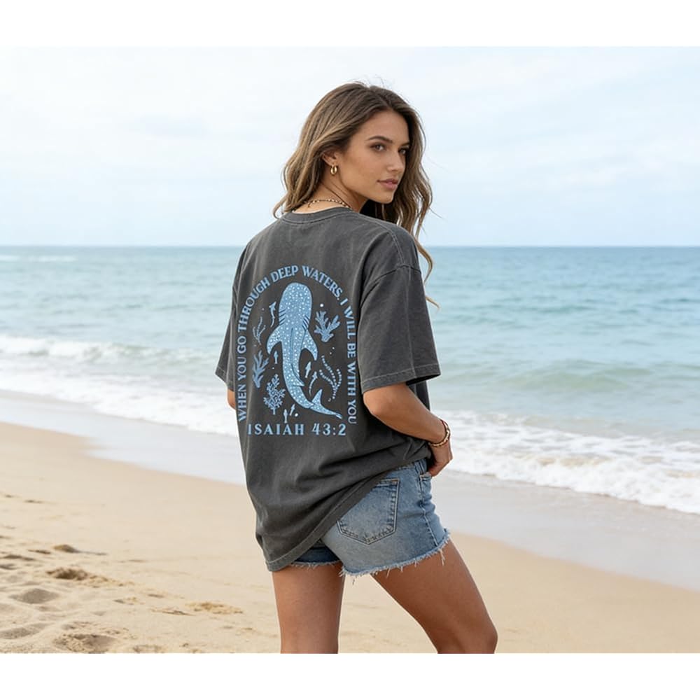 Christian Oversized Shirt for Women Faith Bible Verse Graphic Tee Top Vacation Summer Casual Boho Wildflowers T Shirt Dark Grey
