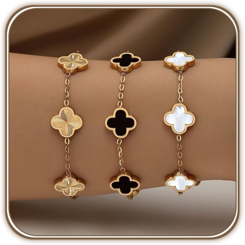 18K Gold Plated Clover Bracelet Set for Women White/Black/Gold/Silver/Green/Pink Adjustable Link Double-Sided Lucky Bracelets Trendy Bracelets Set Jewelry Gifts for Women Men