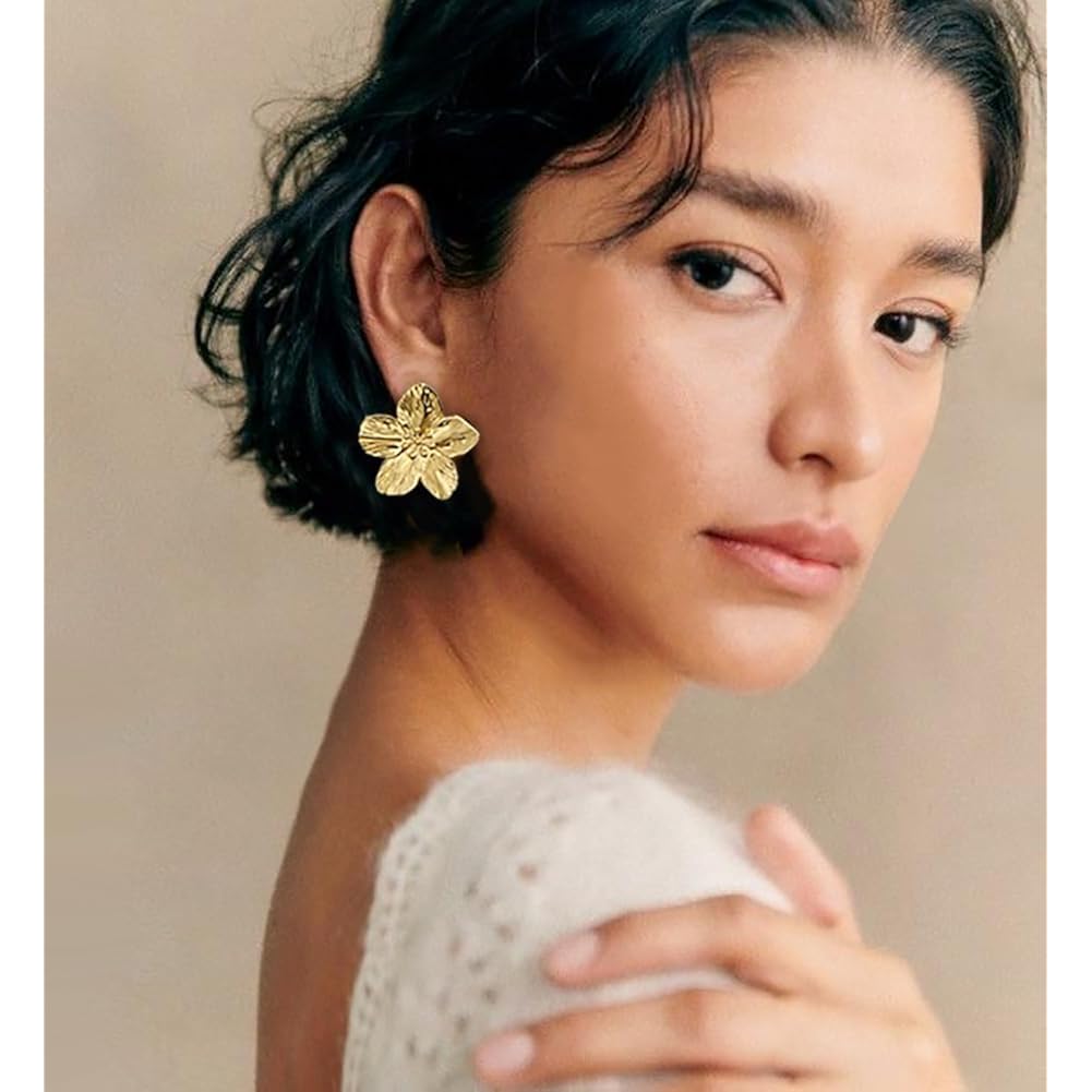 Big Gold Flower Statement Earrings for Women, 14K Gold Plated Chunky Unique Starfish Leaf Floral Drop Earrings, Large Fall Earrings Jewelry Gift