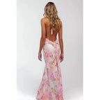 Women Halter Backless Dress Deep V Neck Open Back Mesh Maxi Dress Beach Vacation Wedding Guest