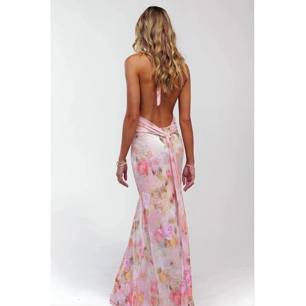 Women Halter Backless Dress Deep V Neck Open Back Mesh Maxi Dress Beach Vacation Wedding Guest