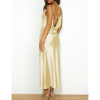 Summer Satin Spaghetti Strap Cowl Neck Backless Midi Dresses For Women Elegant Tie Low Back Ruched Cocktail Dress