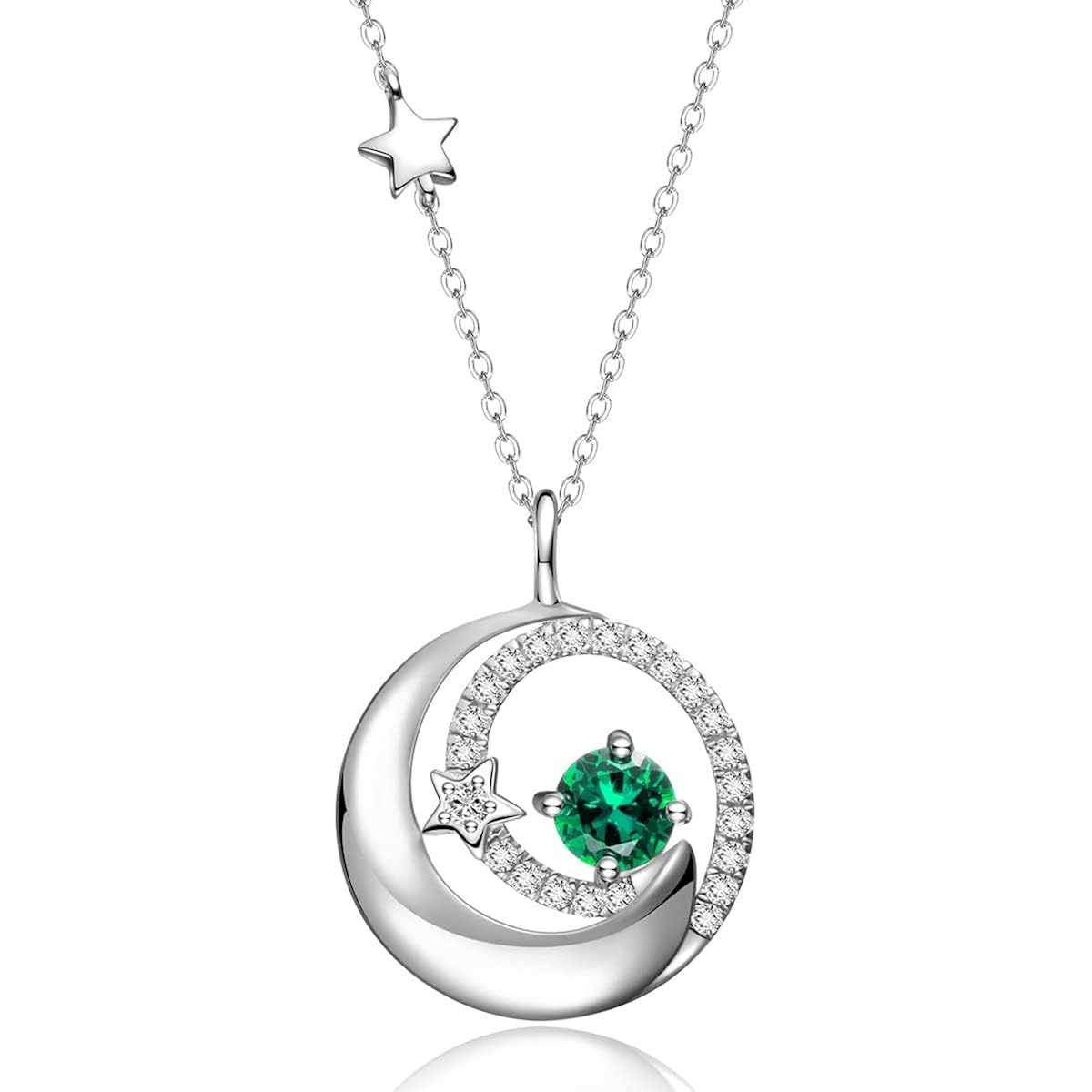 FANCIME Birthstone Necklaces 925 Sterling Silver Moon and Star Pendant Fine Jewelry Birthday Mothers Day Gifts for Mom Wife Her Daughter, Adjustable Chain 16+2"