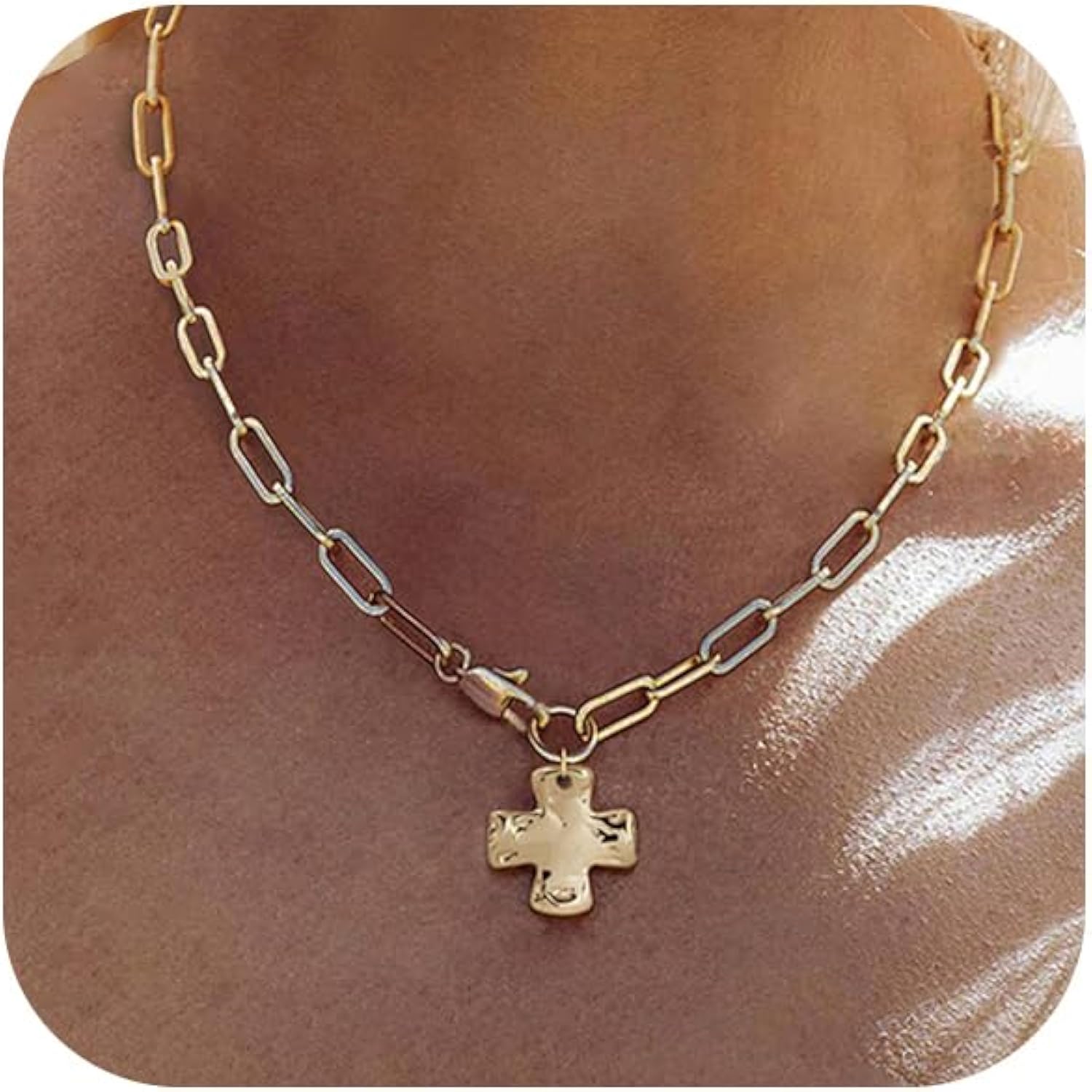 Bheop Chunky Cross Necklace for Women Trendy 14K Gold Silver Layered Statement Cross Pendant Charm Necklace Waterproof Paperclip Herringbone Snake Choker Chain Christian Jewelry Set Gift Non Tarnish