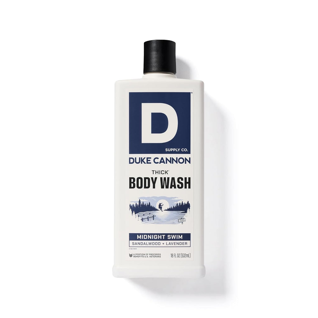 Duke Cannon Supply Co. Thick High Viscosity Body Wash - 3X Thicker, Cleansing Shower And Bath Gel, Mineral-Enriched Body Wash For Men - Sandalwood + Lavender - Mens Body Scrub - Midnight Swim (18 Oz)