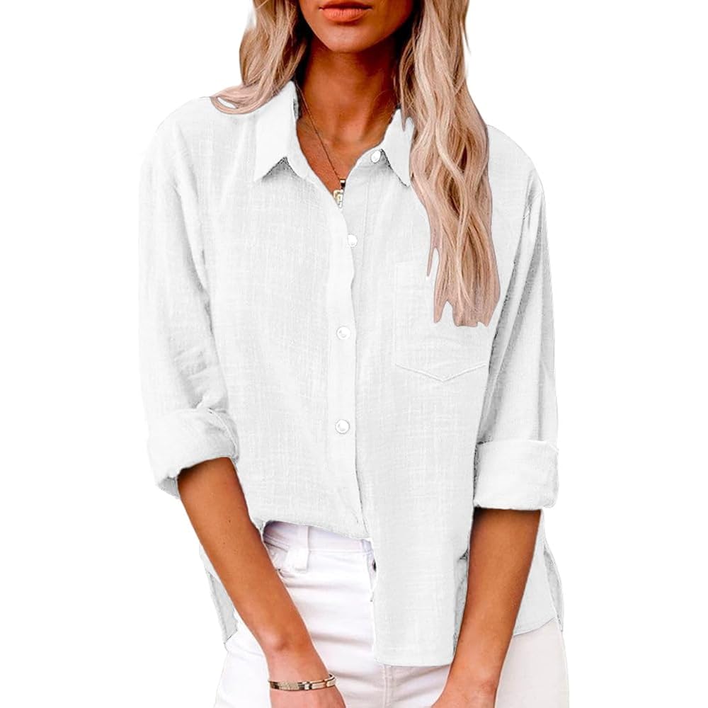 Womens Summer Linen Shirts Casual Button Down 2026 Long Sleeve Cotton Top Blouse Shirt With Pocket