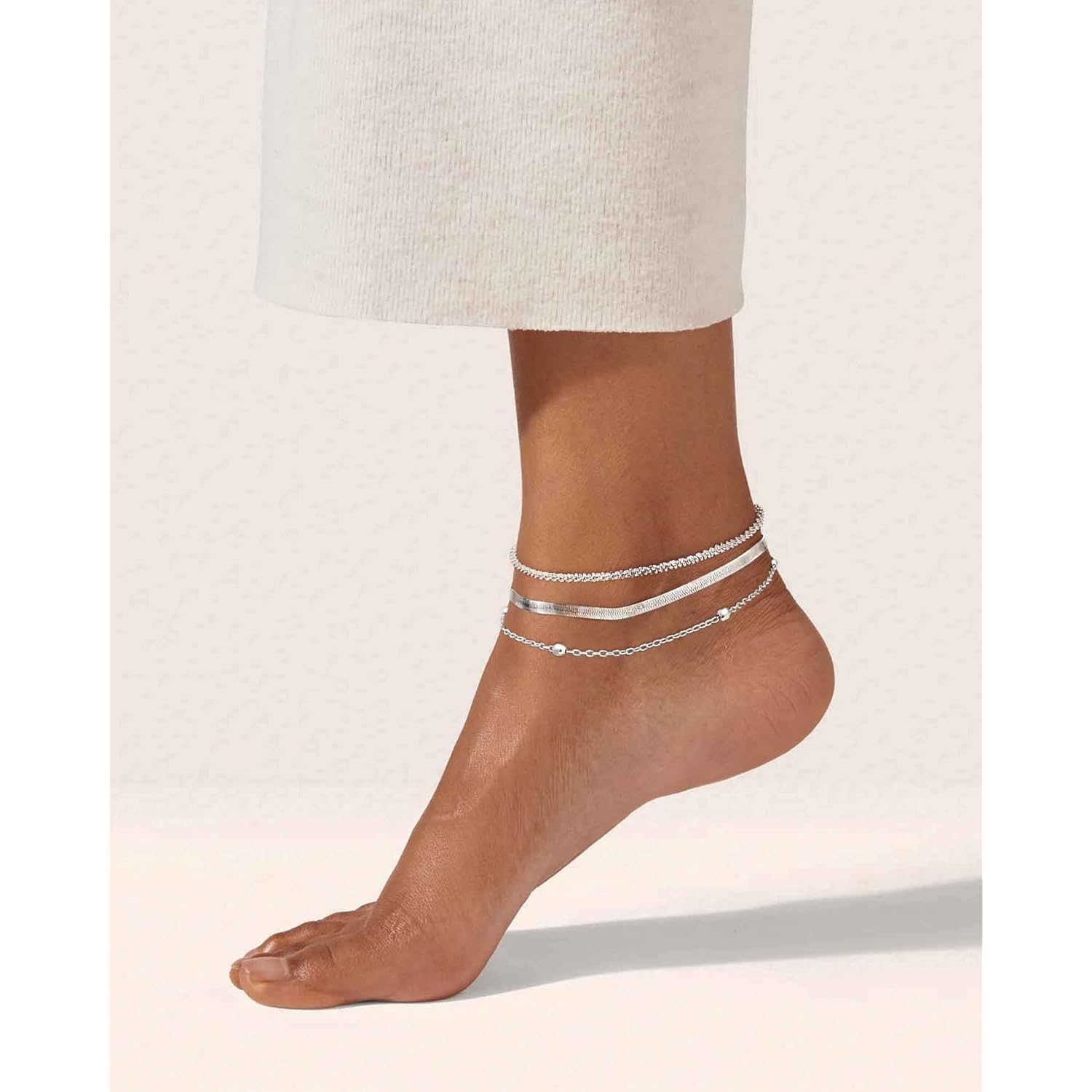 Tewiky Sterling Silver Plated Ankle Bracelets for Women,Dainty Layered Waterproof Anklet for Women Adjustable Sparkly Herringbone Beaded Rope Chain Set Stackable Cute Summer Beach Jewelry Gift