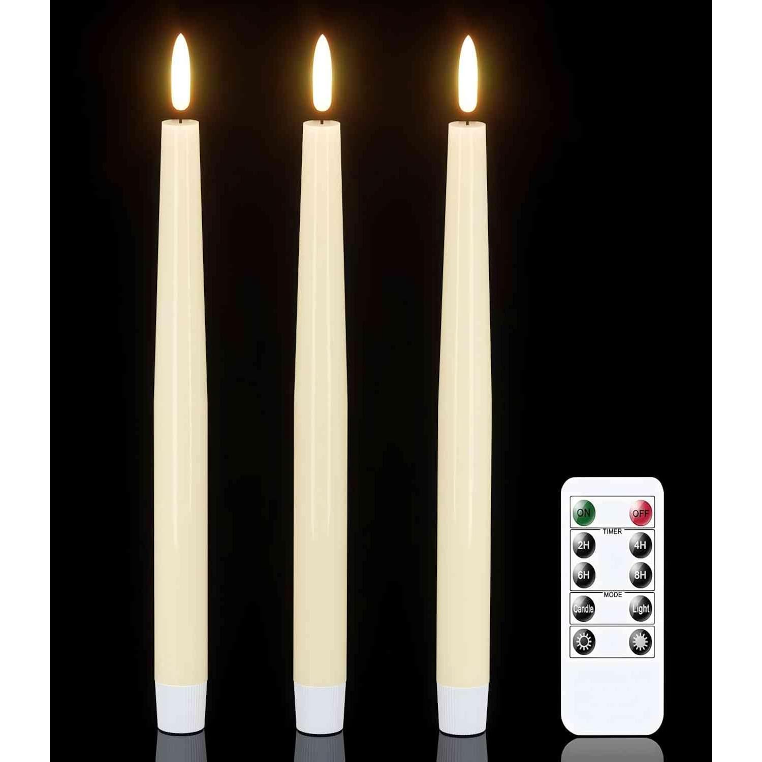 Genswin Flameless Taper Candles Led Battery Operated Remote Timer Ivory | Candle Sticks, Real Wax, Led Candlesticks, Christmas Wedding Party Home Decor, 3 Pack, 0.78 X 9.84 In