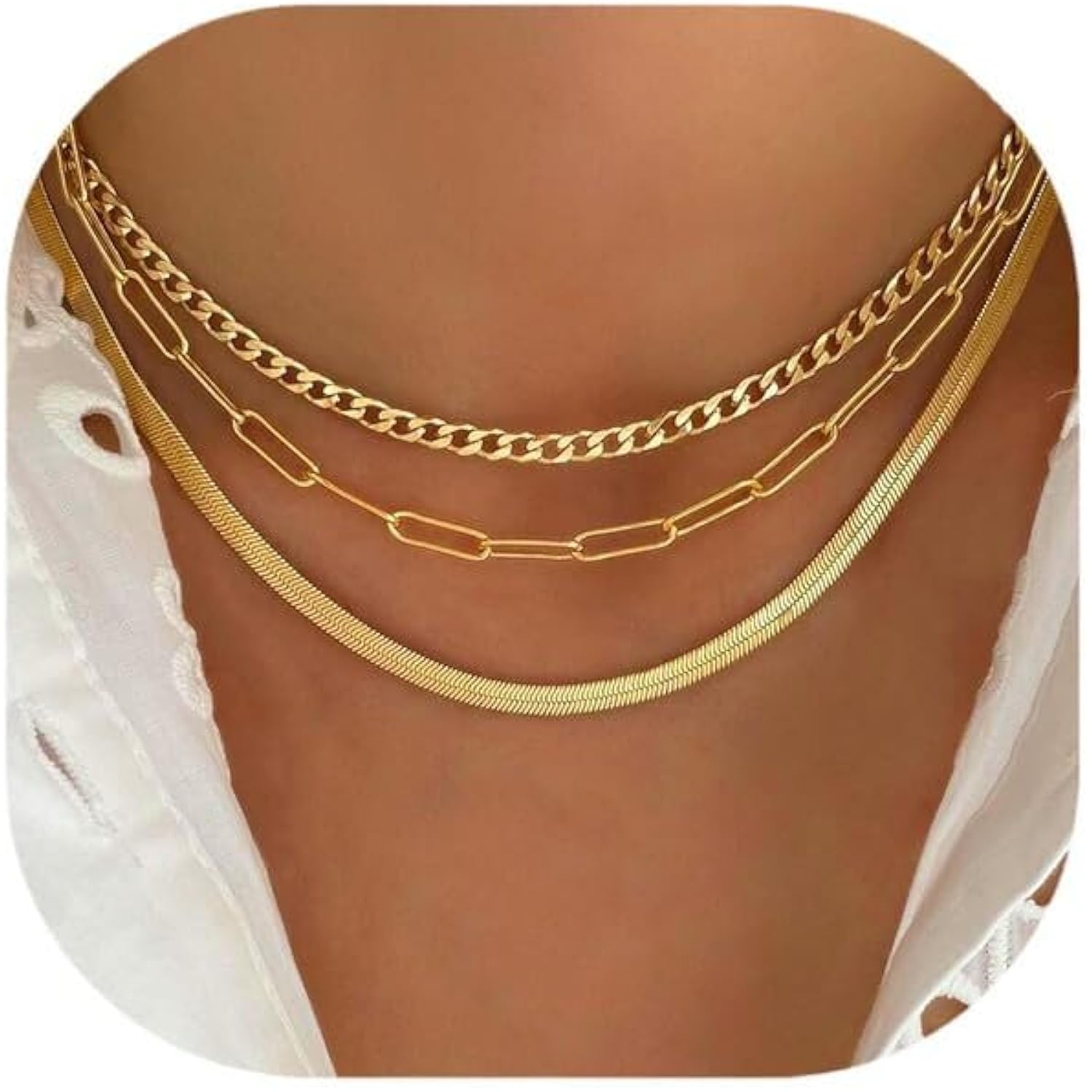 Gold Layered Necklaces for Women, 14K Gold Plated Dainty Gold Chain Choker Necklace Stack, Herringbone Gold Necklaces Set