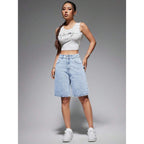 Women's Casual Summer Denim Bermuda Shorts High Waisted Stretchy Trendy Jean Shorts with Pockets Denim