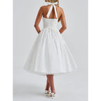 Women Halter Midi Dress Corset Back Layered Tulle Skirt A Line Formal Dresses Wedding Guest Bridal Shower