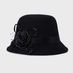 Vintage Felt Cloche Hat Winter Floral Fedora Bucket Hat Bowler Hats Black