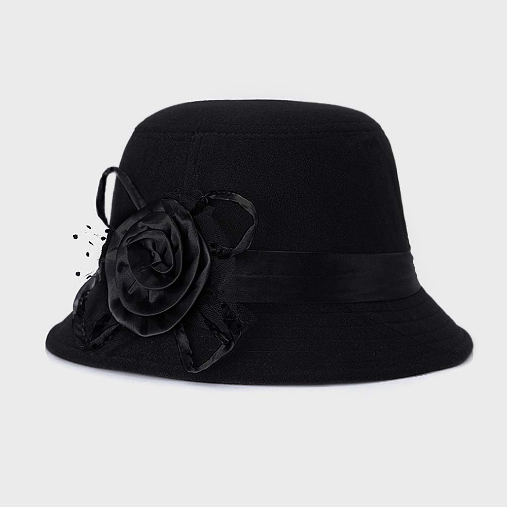 Vintage Felt Cloche Hat Winter Floral Fedora Bucket Hat Bowler Hats Black