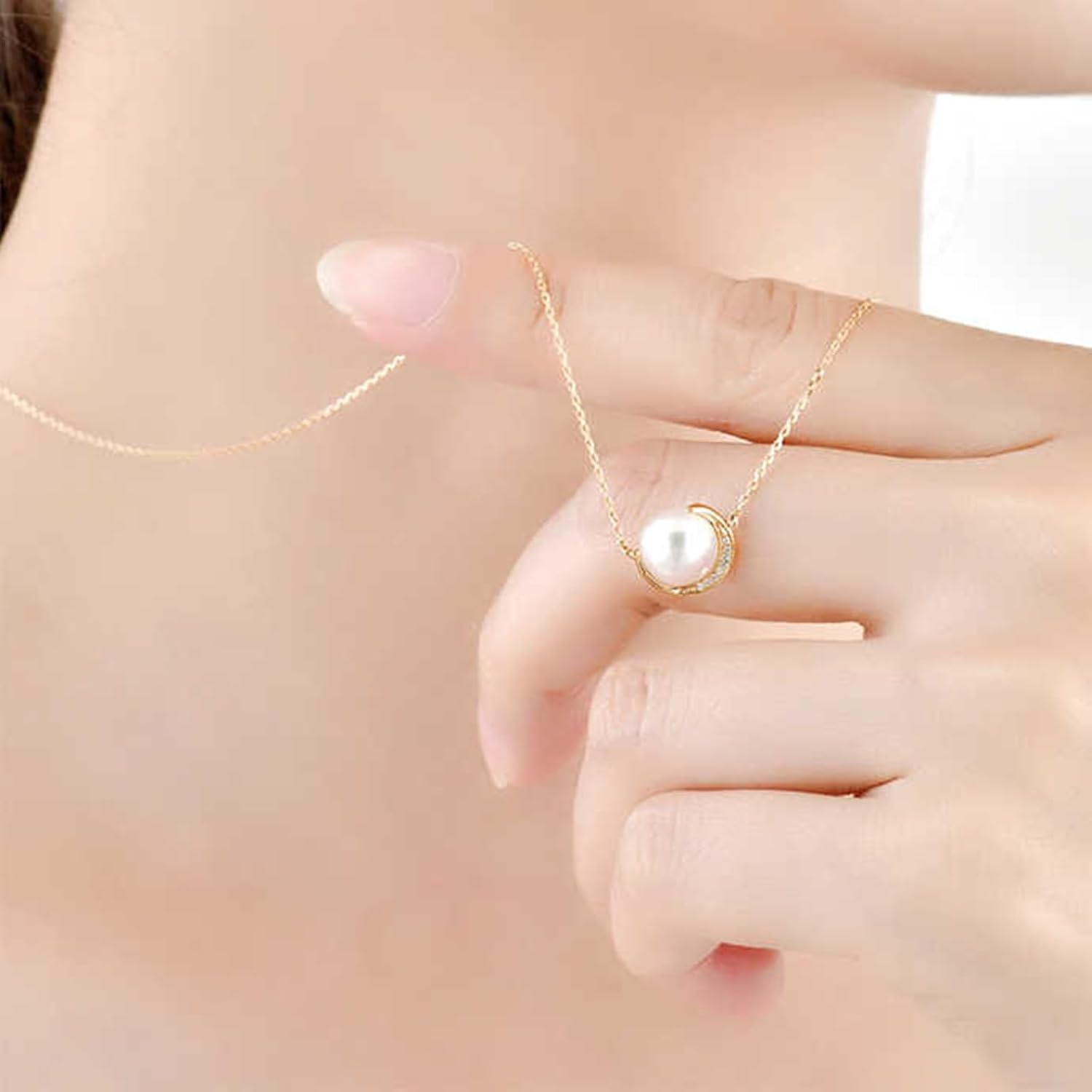 Pearl Necklace Yellow Gold 9K/14K/18K for Women, Elegant Moon Collier Necklace Real Gold with 7.5-8mm Saltwater Pearl and Diamonds