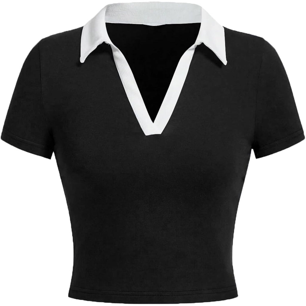 Women Polo Collared V Neck Tee Shirts Ringer Short Sleeve Crop Tops