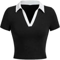 Women Polo Collared V Neck Tee Shirts Ringer Short Sleeve Crop Tops