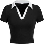 Women Polo Collared V Neck Tee Shirts Ringer Short Sleeve Crop Tops