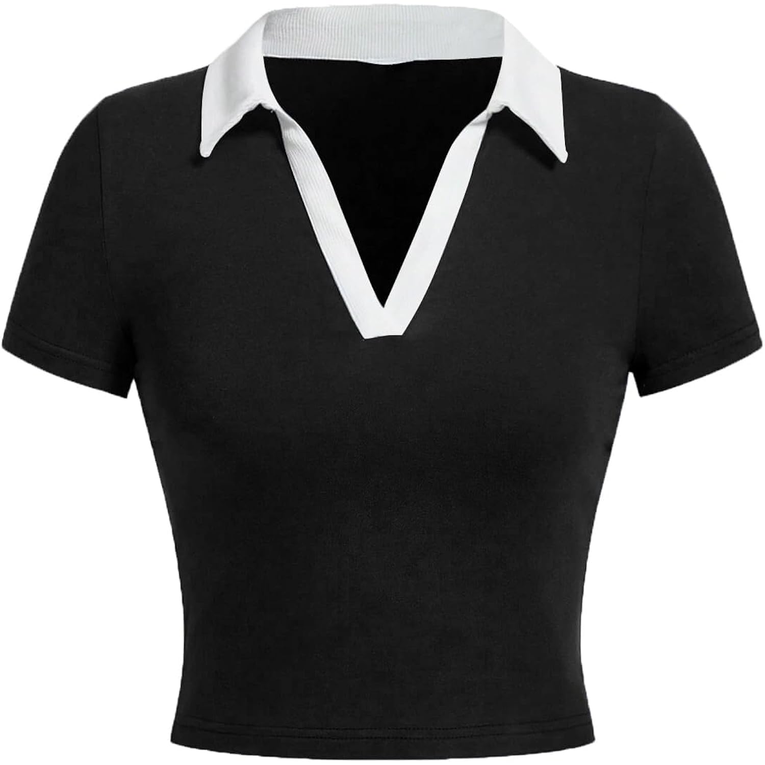 Women Polo Collared V Neck Tee Shirts Ringer Short Sleeve Crop Tops