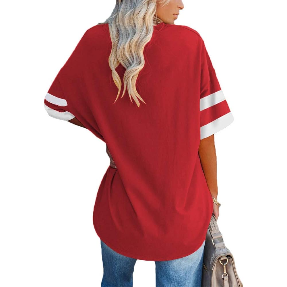 Fisoew Womens Oversized Tees Loose T Shirts Half Sleeve Crew Neck Color Block Cotton Tunic Tops
