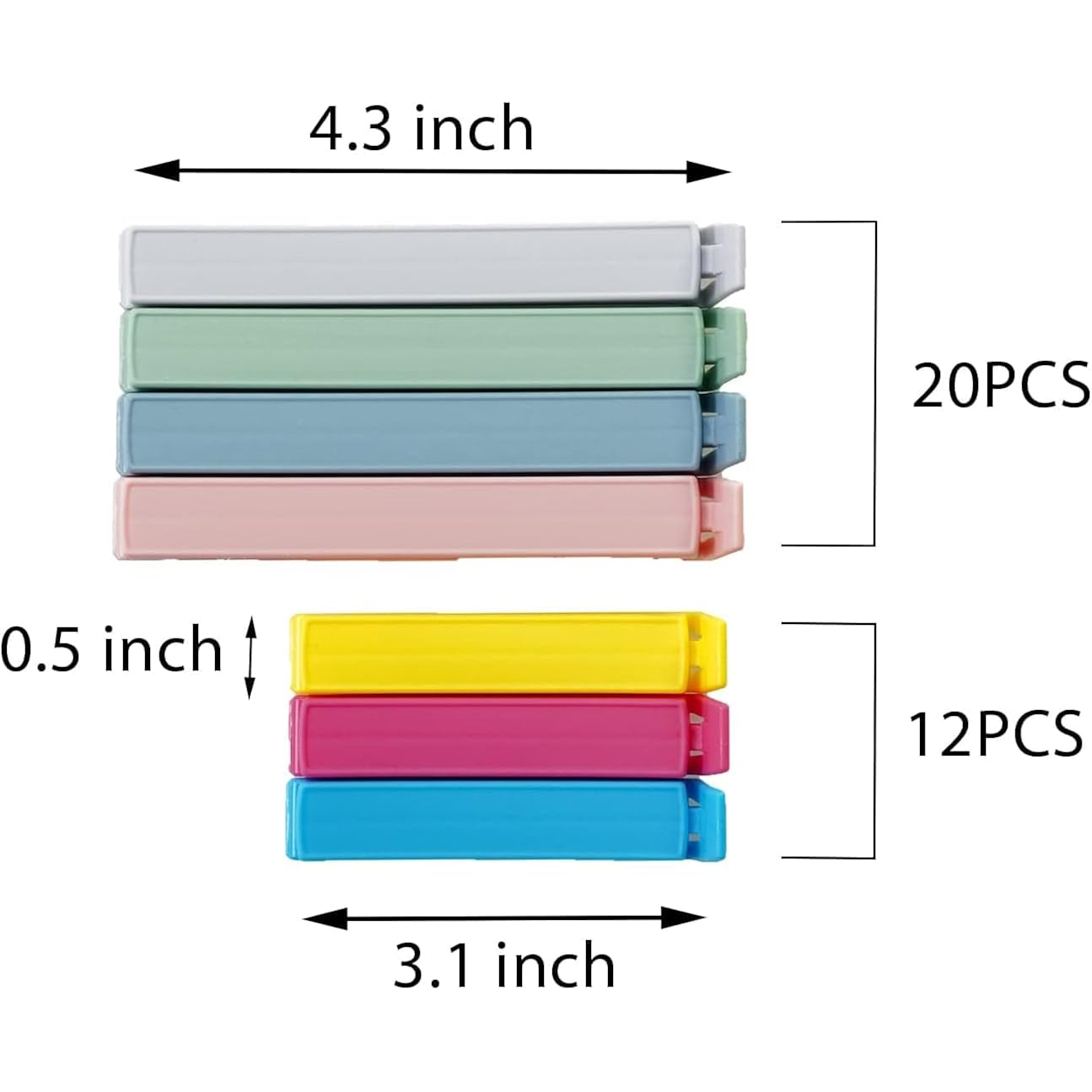 Yarall 32 PCS Plastic Chip Clips for Food Packages, Curved Design Sealing Bag Clips for Food, Kitchen and Home, 2 Sizes(4.3inch x 20, 3.1inch x 12)