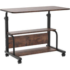 QZMDSM Portable Rolling Desk on Wheels Adjustable Height Desks for Small Spaces, 32" Computer Desk Drafting Tables with Storage Shelves for Home Office Rustic