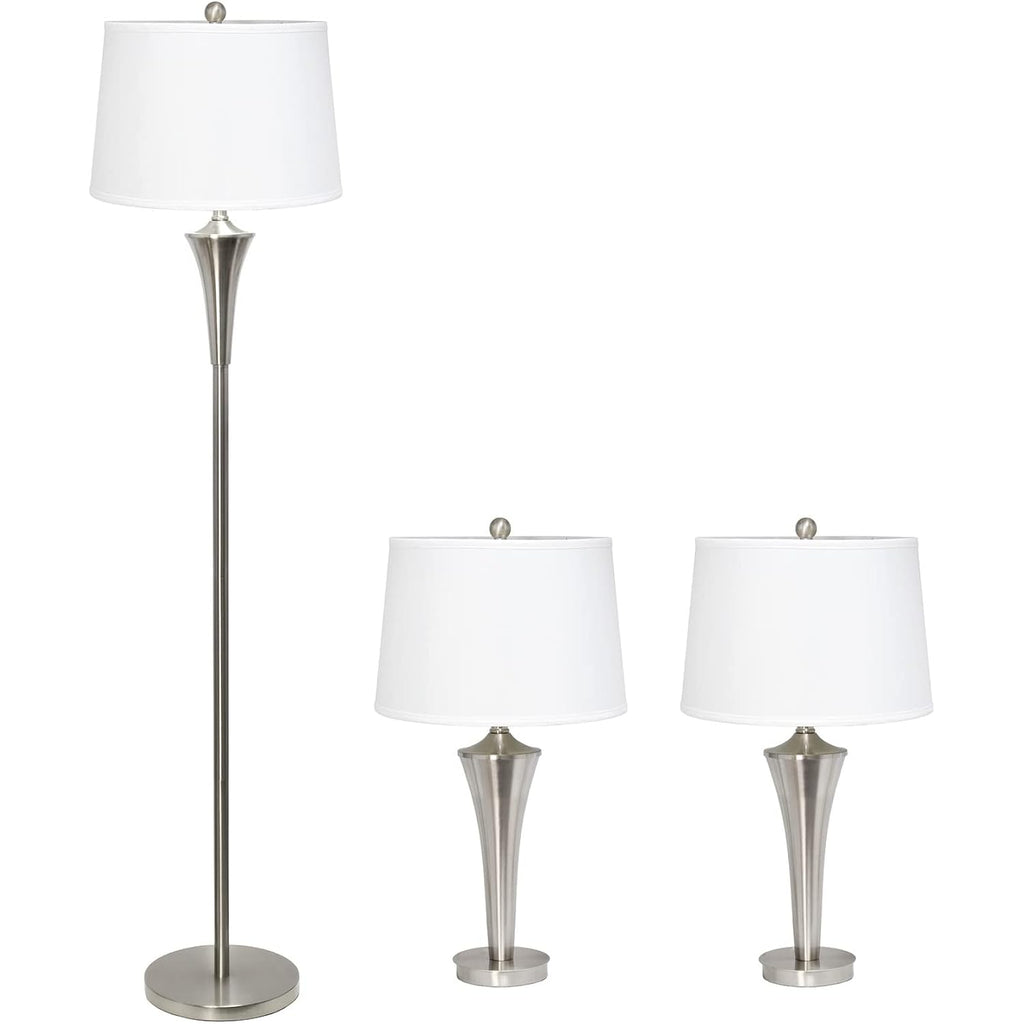 Elegant Designs Lc1020-Bsn Tapered 3 Pack Lamp Set (2 Table Lamps, 1 Floor Lamp) With White Fabric Shades, Brushed Nickel