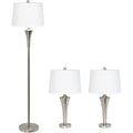 Elegant Designs Lc1020-Bsn Tapered 3 Pack Lamp Set (2 Table Lamps, 1 Floor Lamp) With White Fabric Shades, Brushed Nickel