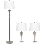 Elegant Designs Lc1020-Bsn Tapered 3 Pack Lamp Set (2 Table Lamps, 1 Floor Lamp) With White Fabric Shades, Brushed Nickel
